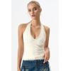 QINSEN Women’s Lace Halter Top V Neck Tie Back Double-Layer Tank Top Backless Sleeveless Slim Fit Going Out Shirts(Beige)