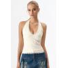 QINSEN Women’s Lace Halter Top V Neck Tie Back Double-Layer Tank Top Backless Sleeveless Slim Fit Going Out Shirts(Beige)