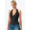 QINSEN Women’s Lace Halter Top V Neck Tie Back Double-Layer Tank Top Backless Sleeveless Slim Fit Going Out Shirts(Black)