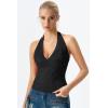 QINSEN Women’s Lace Halter Top V Neck Tie Back Double-Layer Tank Top Backless Sleeveless Slim Fit Going Out Shirts(Black)