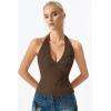 QINSEN Women’s Lace Halter Top V Neck Tie Back Double-Layer Tank Top Backless Sleeveless Slim Fit Going Out Shirts(Brown)
