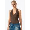 QINSEN Women’s Lace Halter Top V Neck Tie Back Double-Layer Tank Top Backless Sleeveless Slim Fit Going Out Shirts(Brown)