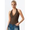 QINSEN Women’s Lace Halter Top V Neck Tie Back Double-Layer Tank Top Backless Sleeveless Slim Fit Going Out Shirts(Brown)