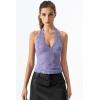QINSEN Women’s Lace Halter Top V Neck Tie Back Double-Layer Tank Top Backless Sleeveless Slim Fit Going Out Shirts(Pale Purple)
