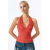 QINSEN Women’s Lace Halter Top V Neck Tie Back Double-Layer Tank Top Backless Sleeveless Slim Fit Going Out Shirts(Tomato)