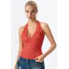 QINSEN Women’s Lace Halter Top V Neck Tie Back Double-Layer Tank Top Backless Sleeveless Slim Fit Going Out Shirts(Tomato)