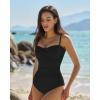 QINSEN Women’s Spagetti Strap Ruched One Piece Swimsuit Retro Tummy Control Bathing Suit(Black)