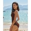 QINSEN Women’s Spagetti Strap Ruched One Piece Swimsuit Retro Tummy Control Bathing Suit(Brown)