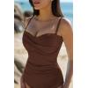 QINSEN Women’s Spagetti Strap Ruched One Piece Swimsuit Retro Tummy Control Bathing Suit(Brown)