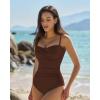 QINSEN Women’s Spagetti Strap Ruched One Piece Swimsuit Retro Tummy Control Bathing Suit(Brown)
