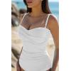 QINSEN Women’s Spagetti Strap Ruched One Piece Swimsuit Retro Tummy Control Bathing Suit(White)