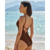 QINSEN Women’s Spaghetti Strap V Neck One Piece Swimsuit Criss Cross Tie Back Bathing Suit(Brown)