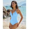 QINSEN Women’s Spaghetti Strap V Neck One Piece Swimsuit Criss Cross Tie Back Bathing Suit(Light Blue)