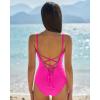 QINSEN Women’s Spaghetti Strap V Neck One Piece Swimsuit Criss Cross Tie Back Bathing Suit(Rosy)