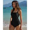 QINSEN Womens Square Neck One Piece Bathing Suit Tummy Control Swimsuit Lace Up Back High Waist Monokini(Black)