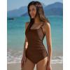 QINSEN Womens Square Neck One Piece Bathing Suit Tummy Control Swimsuit Lace Up Back High Waist Monokini(Brown)