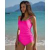 QINSEN Womens Square Neck One Piece Bathing Suit Tummy Control Swimsuit Lace Up Back High Waist Monokini(Magenta)