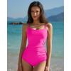QINSEN Womens Square Neck One Piece Bathing Suit Tummy Control Swimsuit Lace Up Back High Waist Monokini(Magenta)