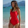 QINSEN Womens Square Neck One Piece Bathing Suit Tummy Control Swimsuit Lace Up Back High Waist Monokini(Red)
