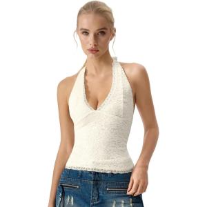 QINSEN Women’s Lace Halter Top V Neck Tie Back Double-Layer Tank Top Backless Sleeveless Slim Fit Going Out Shirts(Beige)