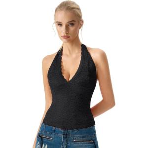 QINSEN Women’s Lace Halter Top V Neck Tie Back Double-Layer Tank Top Backless Sleeveless Slim Fit Going Out Shirts(Black)