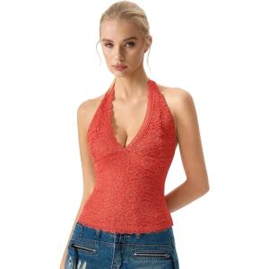 QINSEN Women’s Lace Halter Top V Neck Tie Back Double-Layer Tank Top Backless Sleeveless Slim Fit Going Out Shirts(Tomato)