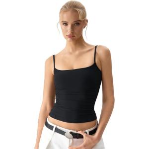 QINSEN Women’s Mesh Camisole Tank Top Double Lined Spaghetti Strap Sleeveless Cami Shirts(Black)