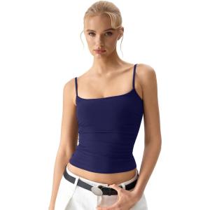 QINSEN Women’s Mesh Camisole Tank Top Double Lined Spaghetti Strap Sleeveless Cami Shirts(Navy Blue)