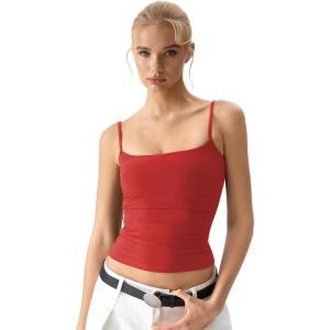 QINSEN Women’s Mesh Camisole Tank Top Double Lined Spaghetti Strap Sleeveless Cami Shirts(Red)