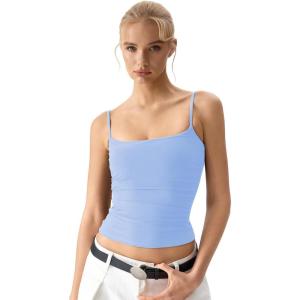 QINSEN Women’s Mesh Camisole Tank Top Double Lined Spaghetti Strap Sleeveless Cami Shirts(Sky Blue)