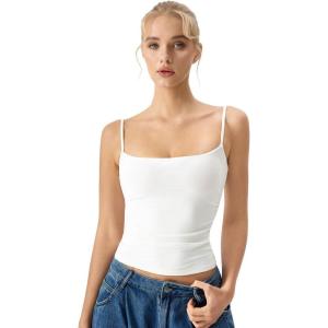 QINSEN Women’s Mesh Camisole Tank Top Double Lined Spaghetti Strap Sleeveless Cami Shirts(White)