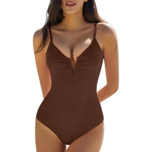 QINSEN Women’s Spaghetti Strap V Neck One Piece Swimsuit Criss Cross Tie Back Bathing Suit(Brown)
