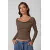QINSEN Women Cowl Neck Long Sleeve T Shirts Double Lined Tight Fitted Crop Top(Brown)