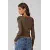 QINSEN Women Cowl Neck Long Sleeve T Shirts Double Lined Tight Fitted Crop Top(Brown)