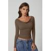 QINSEN Women Cowl Neck Long Sleeve T Shirts Double Lined Tight Fitted Crop Top(Brown)
