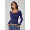 QINSEN Women Cowl Neck Long Sleeve T Shirts Double Lined Tight Fitted Crop Top(Estate Blue)