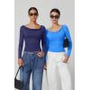 QINSEN Women Cowl Neck Long Sleeve T Shirts Double Lined Tight Fitted Crop Top(Estate Blue)