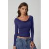 QINSEN Women Cowl Neck Long Sleeve T Shirts Double Lined Tight Fitted Crop Top(Estate Blue)