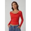 QINSEN Women Cowl Neck Long Sleeve T Shirts Double Lined Tight Fitted Crop Top(Red)