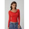 QINSEN Women Cowl Neck Long Sleeve T Shirts Double Lined Tight Fitted Crop Top(Red)