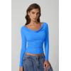 QINSEN Women Cowl Neck Long Sleeve T Shirts Double Lined Tight Fitted Crop Top(Star Sapphire)