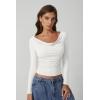 QINSEN Women Cowl Neck Long Sleeve T Shirts Double Lined Tight Fitted Crop Top(White)