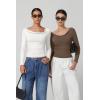 QINSEN Women Cowl Neck Long Sleeve T Shirts Double Lined Tight Fitted Crop Top(White)