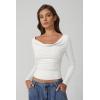 QINSEN Women Cowl Neck Long Sleeve T Shirts Double Lined Tight Fitted Crop Top(White)
