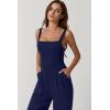 QINSEN Womens Casual Loose Overalls Jumpsuit Square Neck One Piece Sleeveless Wide Leg Rompers Outfits(Navy Blue)