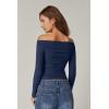 QINSEN Womens Off Shoulder Long Sleeve Tops Ruched Going Out Crop Slim Fitted Shirts Estate Blue L
