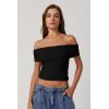 QINSEN Womens Off The Shoulder Tops Double Lined Short Sleeve T Shirts Slim Fitted Stretchy Crop Top(Black)