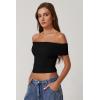 QINSEN Womens Off The Shoulder Tops Double Lined Short Sleeve T Shirts Slim Fitted Stretchy Crop Top(Black)