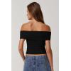 QINSEN Womens Off The Shoulder Tops Double Lined Short Sleeve T Shirts Slim Fitted Stretchy Crop Top(Black)