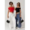 QINSEN Womens Off The Shoulder Tops Double Lined Short Sleeve T Shirts Slim Fitted Stretchy Crop Top(Black)